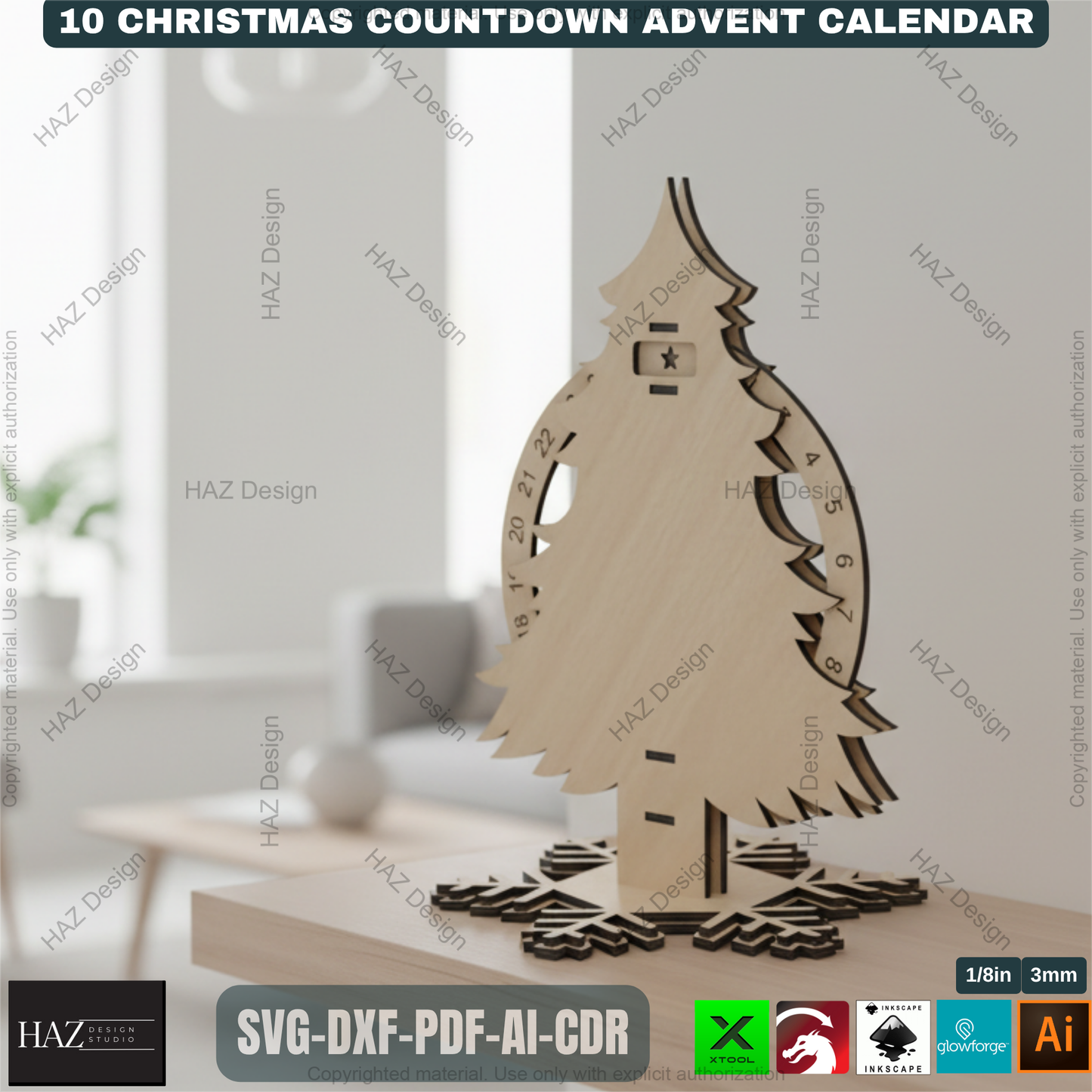Festive Countdown Advent Calendar Laser Cut Files, Wooden Christmas Decor Template for Glowforge & Xtool, Holiday Craft Project 498