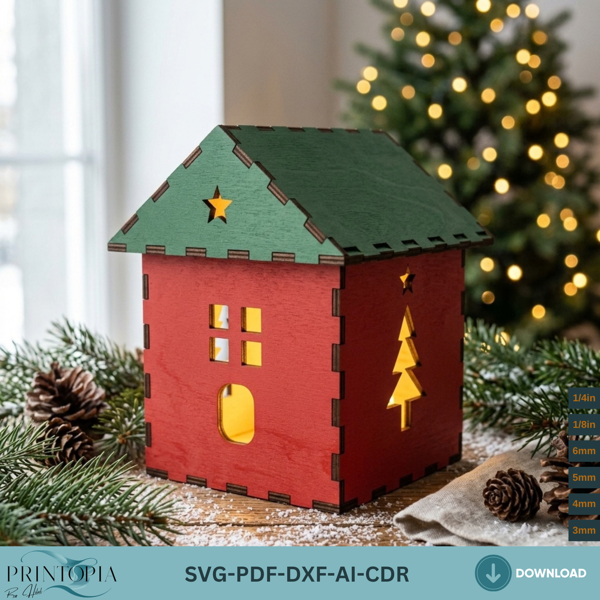 Christmas House Tealight Holder Laser Cut Template, Wooden Holiday Lanternn373