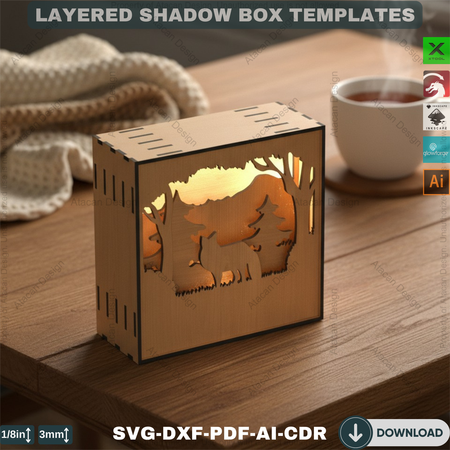 Wooden Wolf Forest Night Lamp – Multilayer Shadowbox for Laser Cutting 791