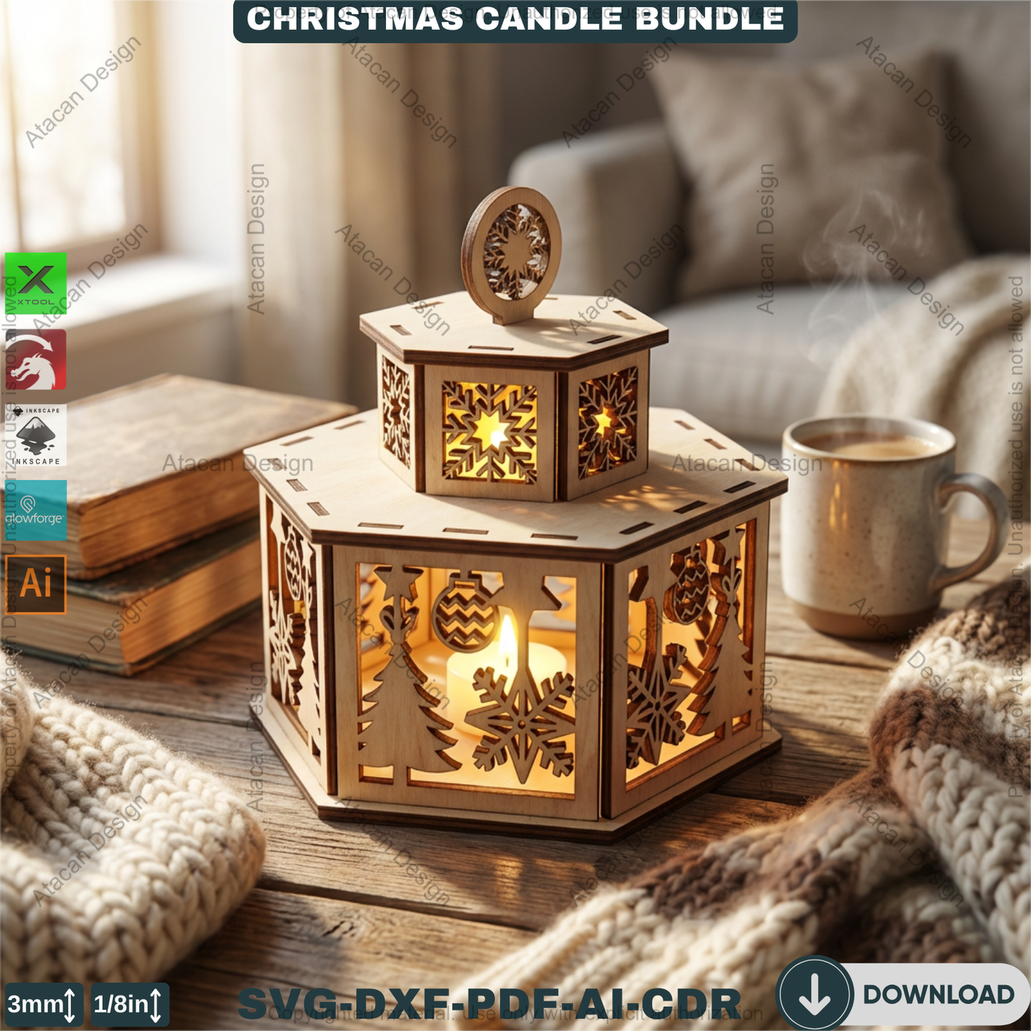 Christmas Candle Holder Bundle / Tealight Stands With Lid / Lantern Tabletop Decor / Holiday Ornaments 923