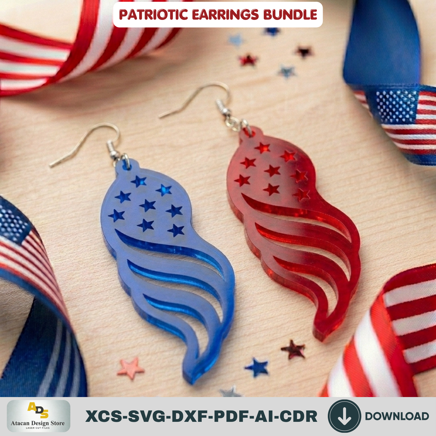 Patriotic Earrings Laser Cut Bundle, 4th of July USA Flag Acrylic Jewelry Template, Veteran Gift Design