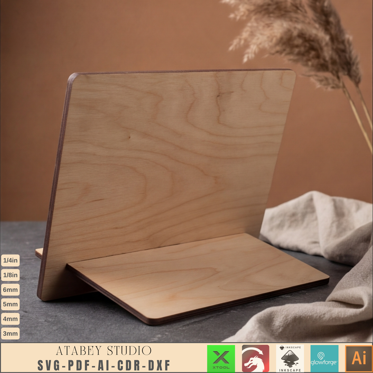 Laser Cut Tablet Stand Template, Plywood iPad Holder, Minimalist Wood Desk Display, Cookbook Stand 1031