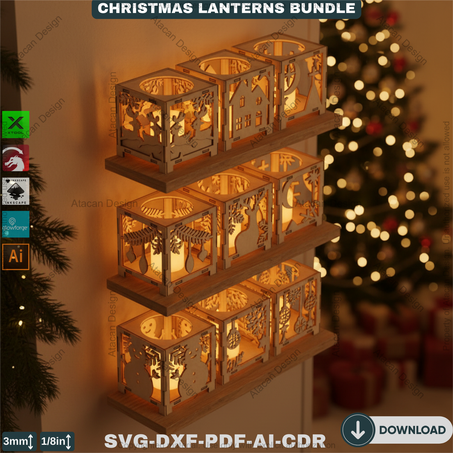 Christmas Lantern Laser Cut Bundle, Wooden Tealight Holder, Xmas Candle Box, Winter Decor, Reindeer Snowman Template 927