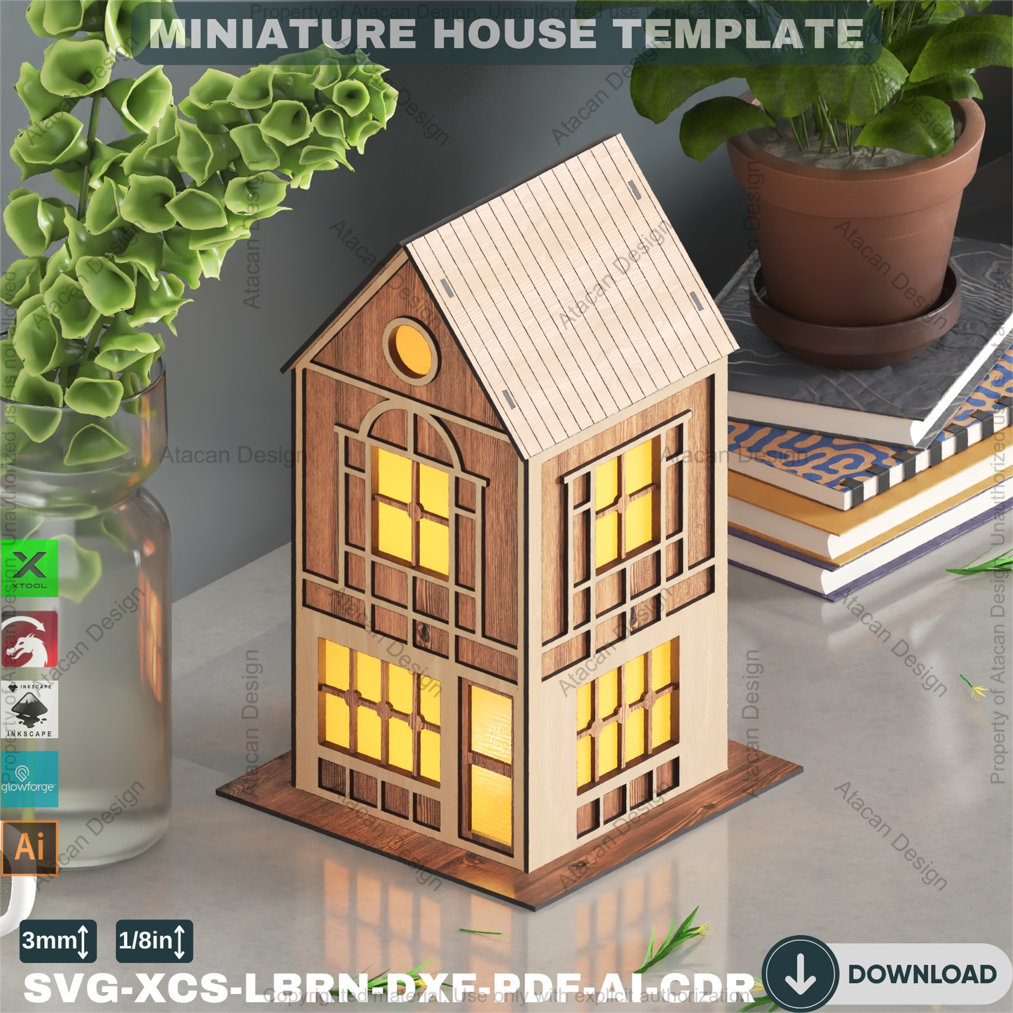 DIY Wooden House Luminary Template | Laser Cut Miniature Village | Table Lamp Design 885