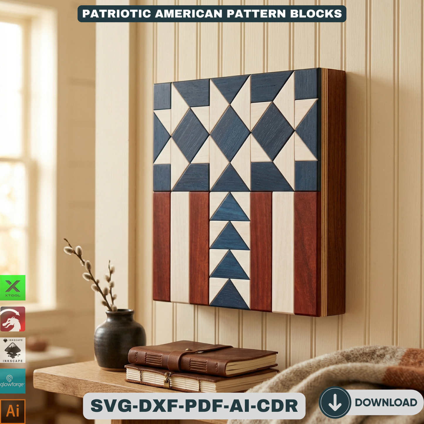 Patriotic American Barn Quilt Wall Decor Fourth of July Wooden Sign Geometric Star Block Patterns 943