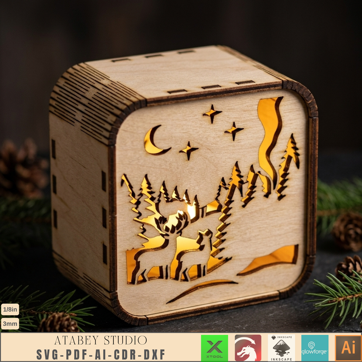 Wooden Christmas Shadow Box Lantern, Reindeer Santa Sleigh Candle Box Plans, Xmas Mantel Laser File