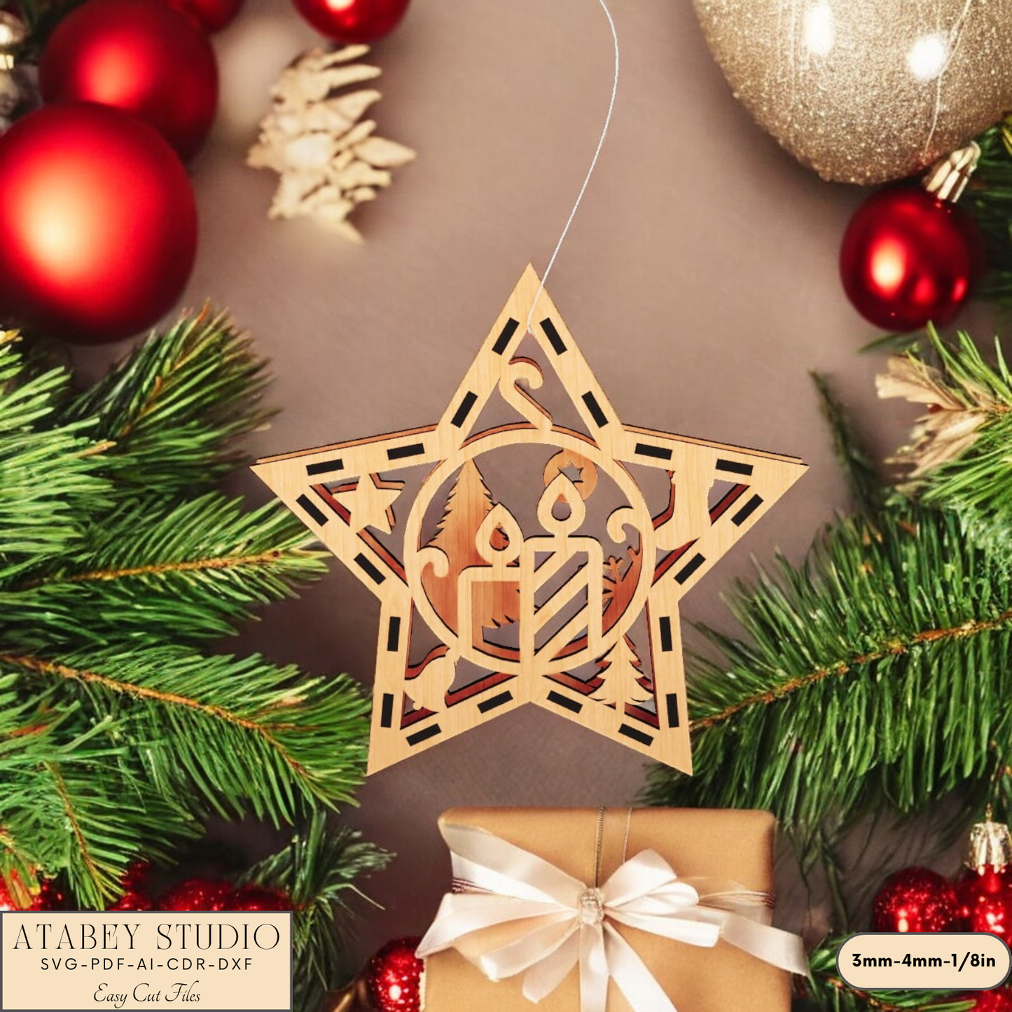 Festive Laser Cut Star Decorations: Unique Gingerbread, Candle, and Sleigh Designs 904