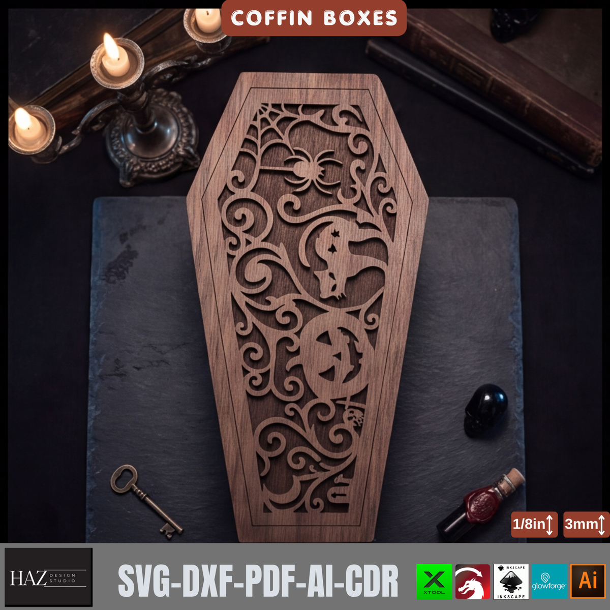 Halloween Coffin Box Laser Cut Template, Gothic Wood Keepsake Casket Pattern, Trick or Treat Candy Holder, Spooky Plywood Decor