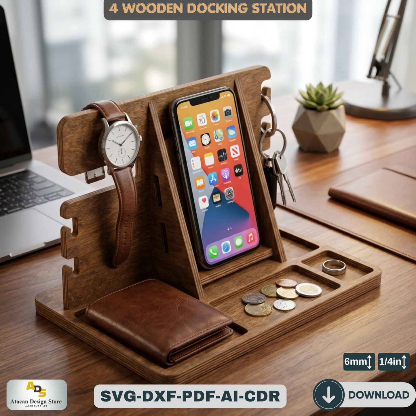 Wood Docking Station / Desk Organizer Phone Stand / Watch Holder / Father's Day Gift 947