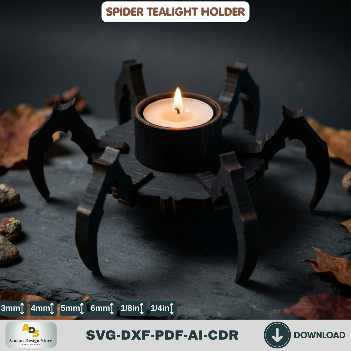 Spider Tealight Holder Halloween Candle Laser Cut Wood Template SVG File