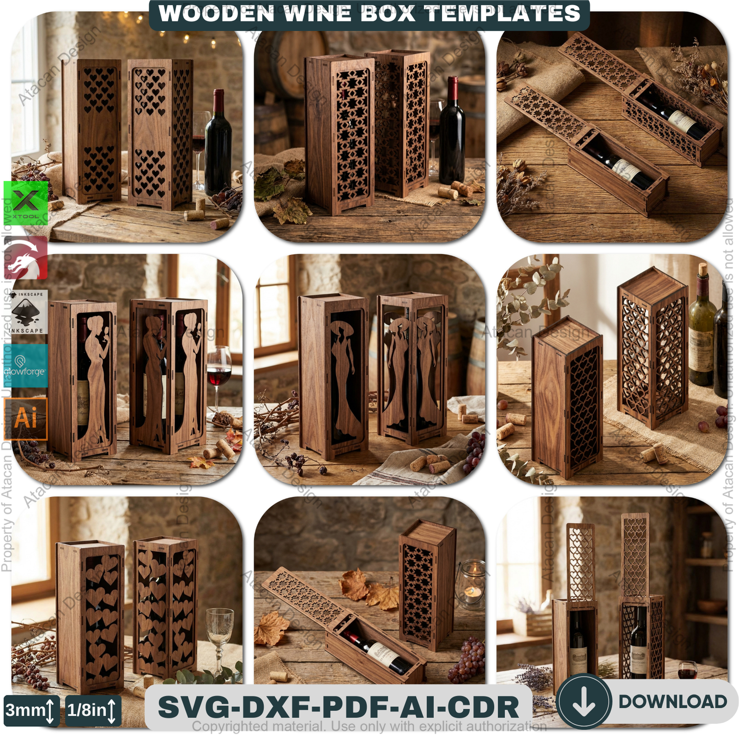 Laser Cut Wine Box Template Bundle, Wooden Bottle Carrier Pattern, Decorative Gift Holder Plan, CNC Cutting Design, Wedding Gift Box Project 935