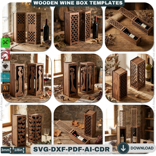 Laser Cut Wine Box Template Bundle, Wooden Bottle Carrier Pattern, Decorative Gift Holder Plan, CNC Cutting Design, Wedding Gift Box Project 935