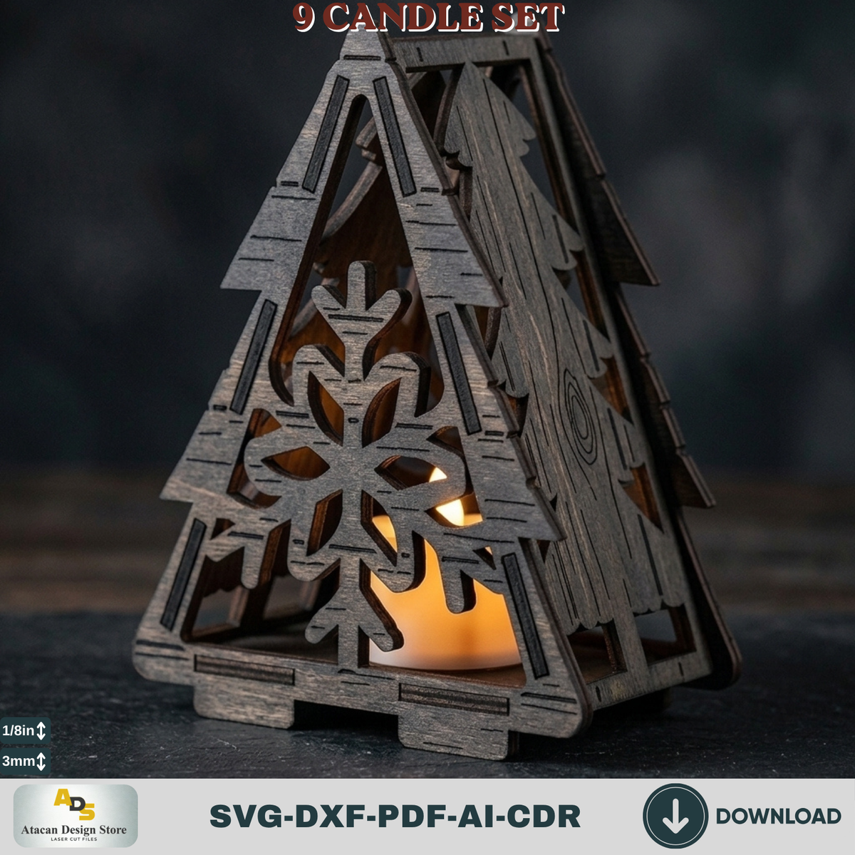 Laser Cut Christmas Lantern Bundle, Tealight Holder Template Set of 9, Snowflake Reindeer Gnome