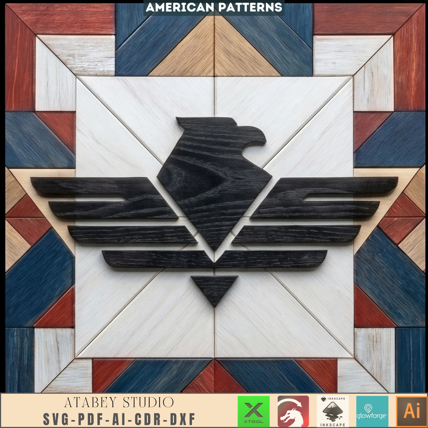 Patriot Eagle Wood Barn Star Quilt Wall-Art American Flag Pattern Mosaic Plywood Block Sign