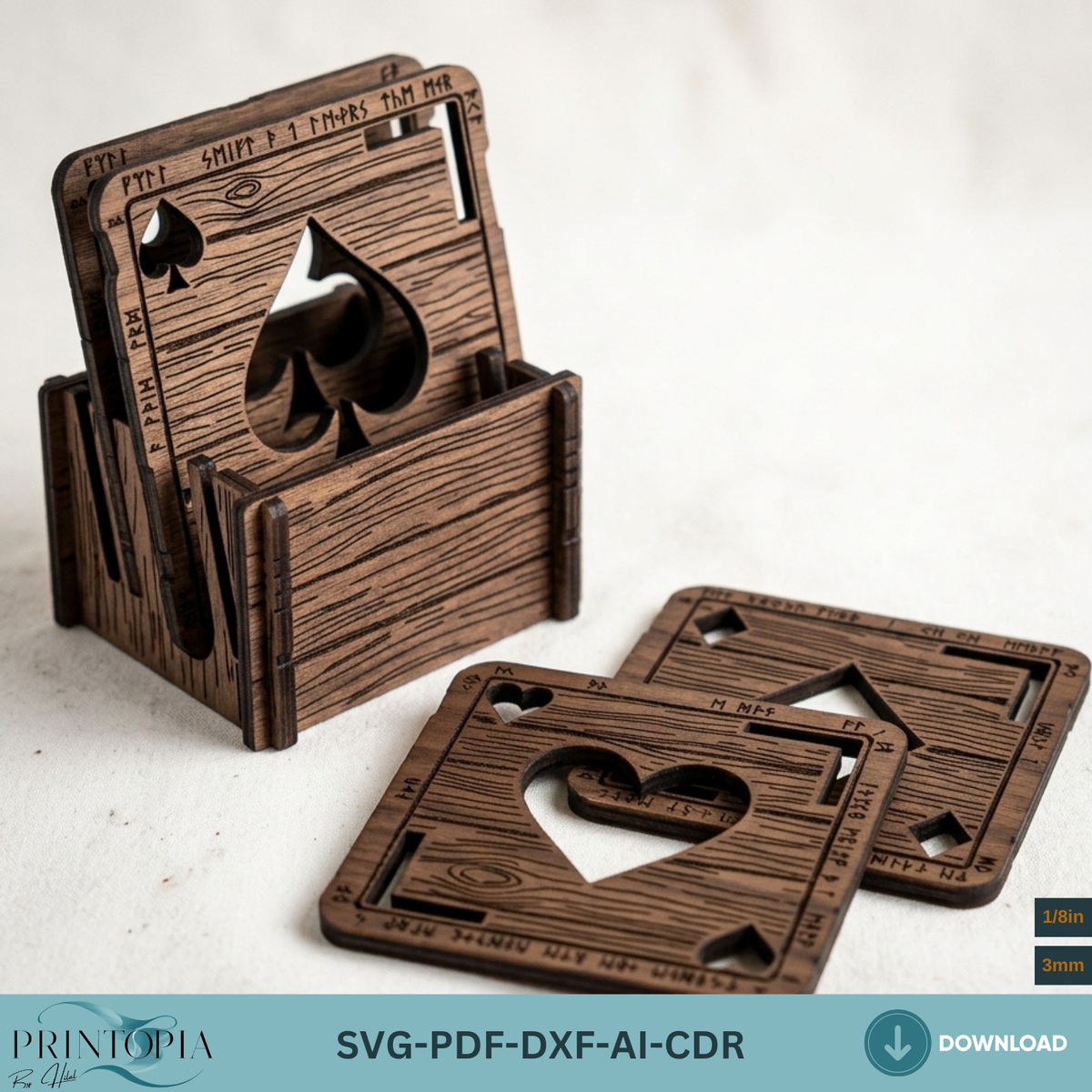 Wooden Deck of Cards Coaster Laser Cut Design Viking Rune Coaster Box Template 381
