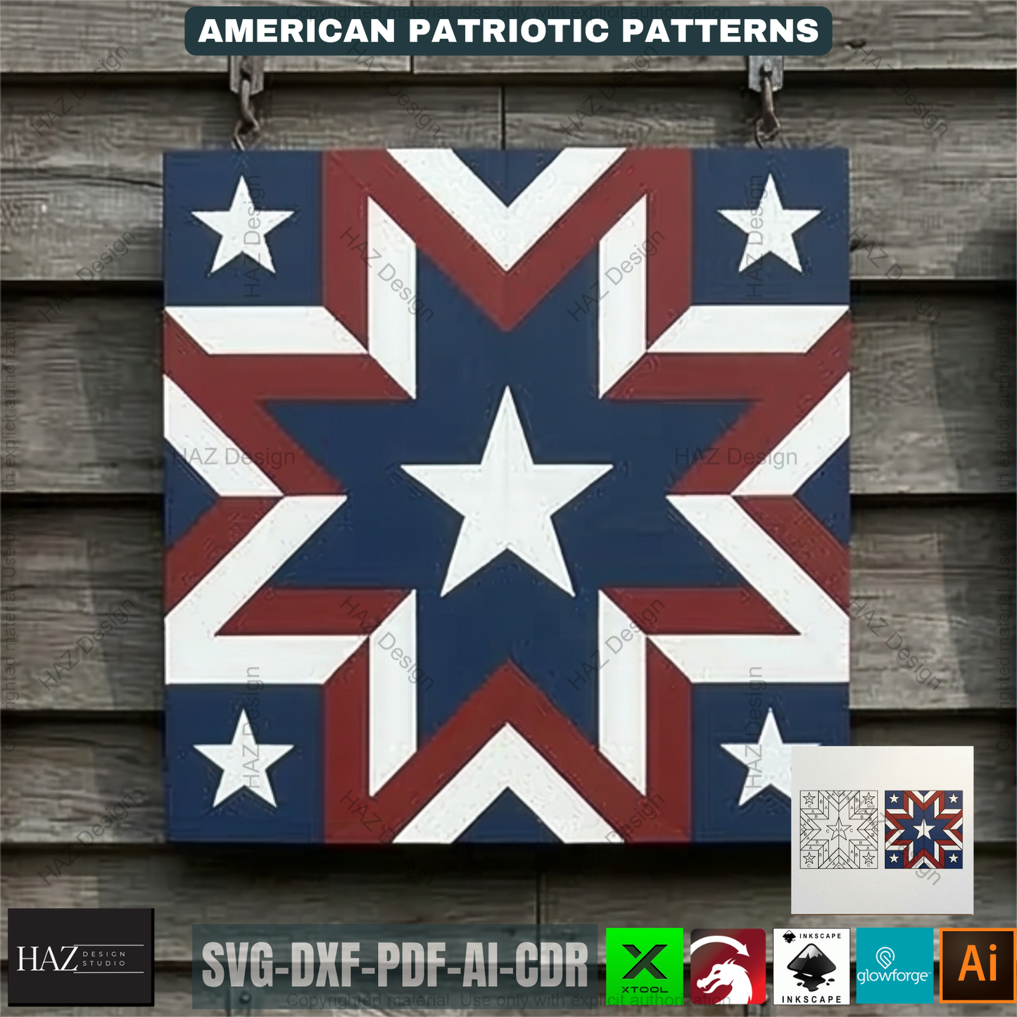 Americana Patriotic Barn Quilt Patterns, Rustic Wooden Star Art Cutting Templates 524