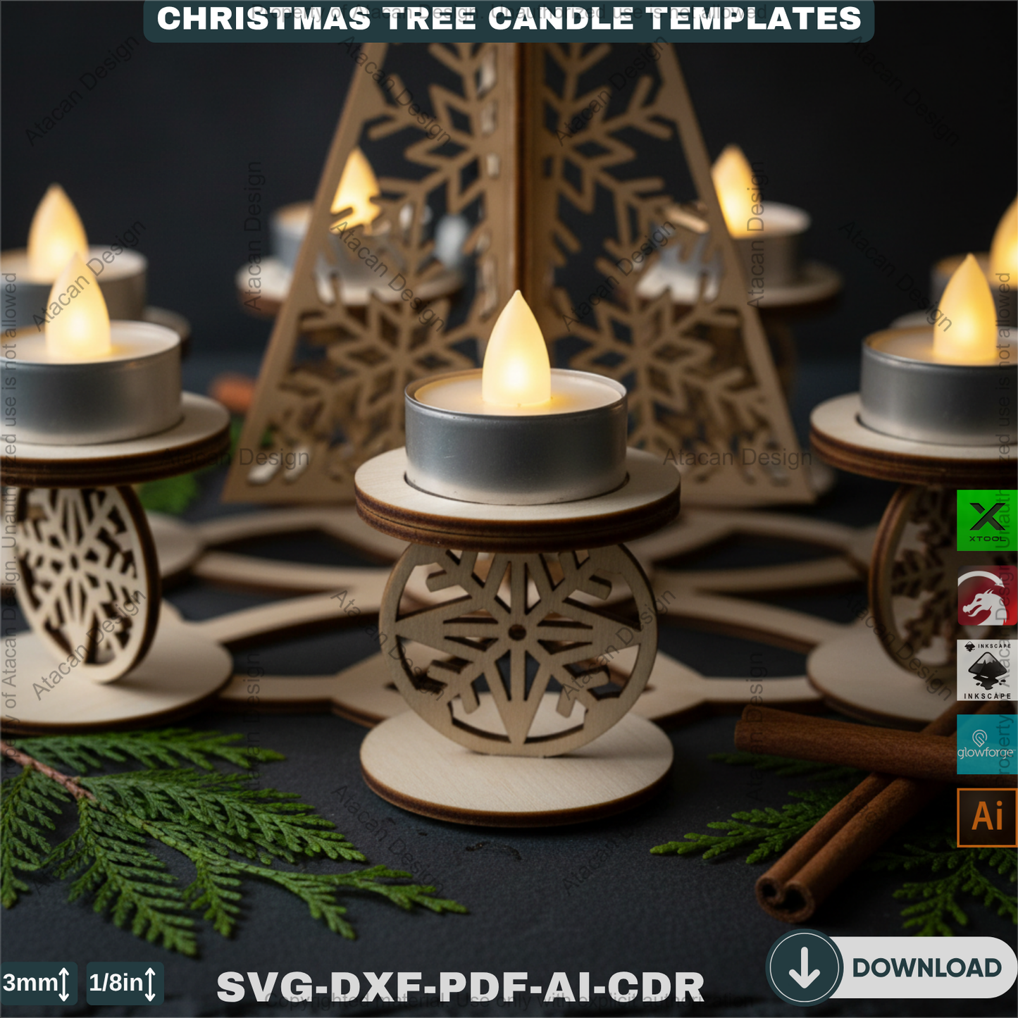 Festive Christmas Tree Tea Light Holder Laser Cut Digital Template, Holiday Advent Wreath Candle Stand, New Year Snowflake Tealight Decor 911