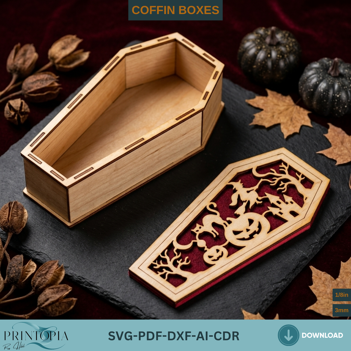 Halloween Coffin Box Laser Cut, Gothic Casket Keepsake Box Template, Wooden Spooky Gift Box