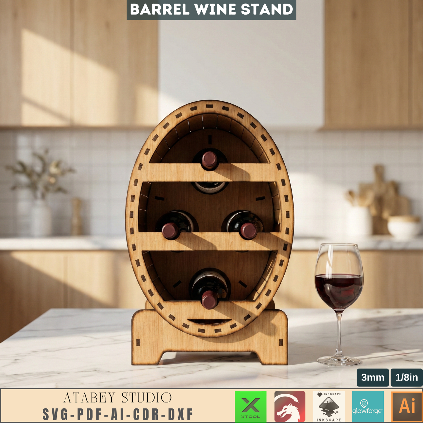Barrel Wine Rack Laser Cut Plan, Wooden Bottle Holder Template, DIY Rustic Home Bar Decor, Tabletop Wine Stand Design 983