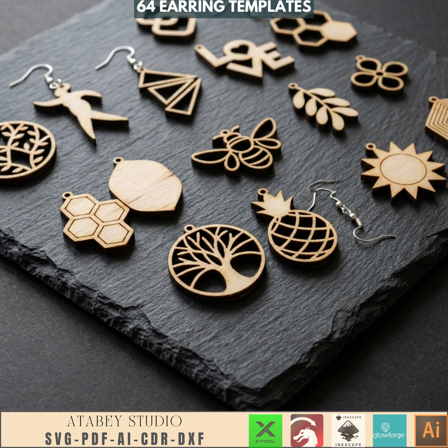 64 Earring Bundle Jewelry Making Templates DIY Wood Earrings Geometric Nature Shapes Floral Pattern