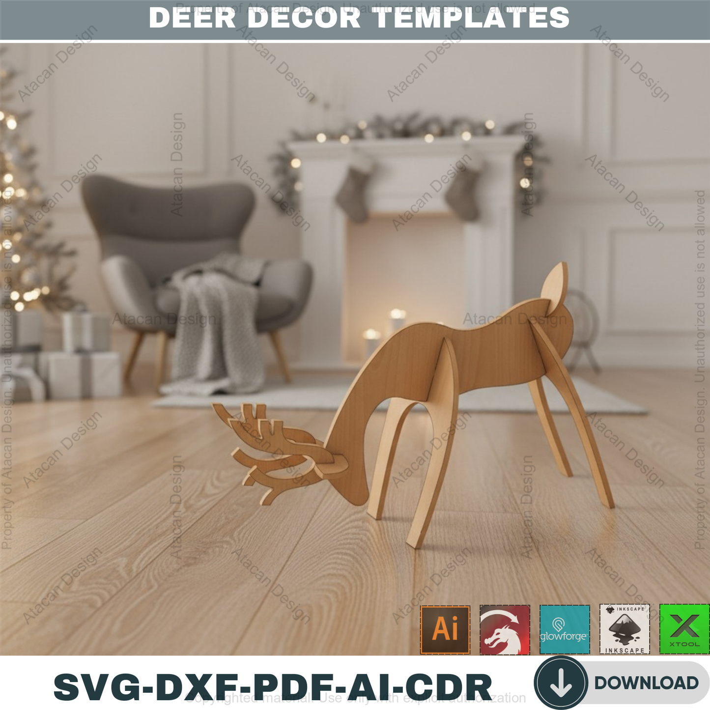 Christmas Deer Laser SVG Cutting Template / Wooden Reindeer DXF Cnc files / Glowforge Digital Download 126