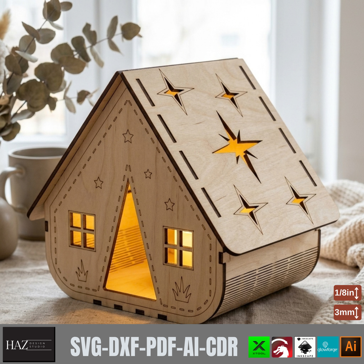 Wooden House Night Light Laser Cut Template, Tealight Candle Holder Plywood Decor 988
