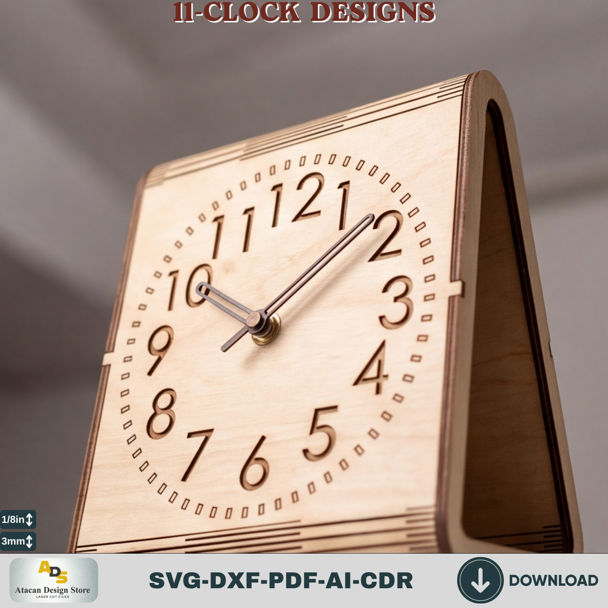 Laser Cut Plywood Desk Clock Pattern, Bent Wood Mantel Clock Template, Glowforge xTool Ready 987