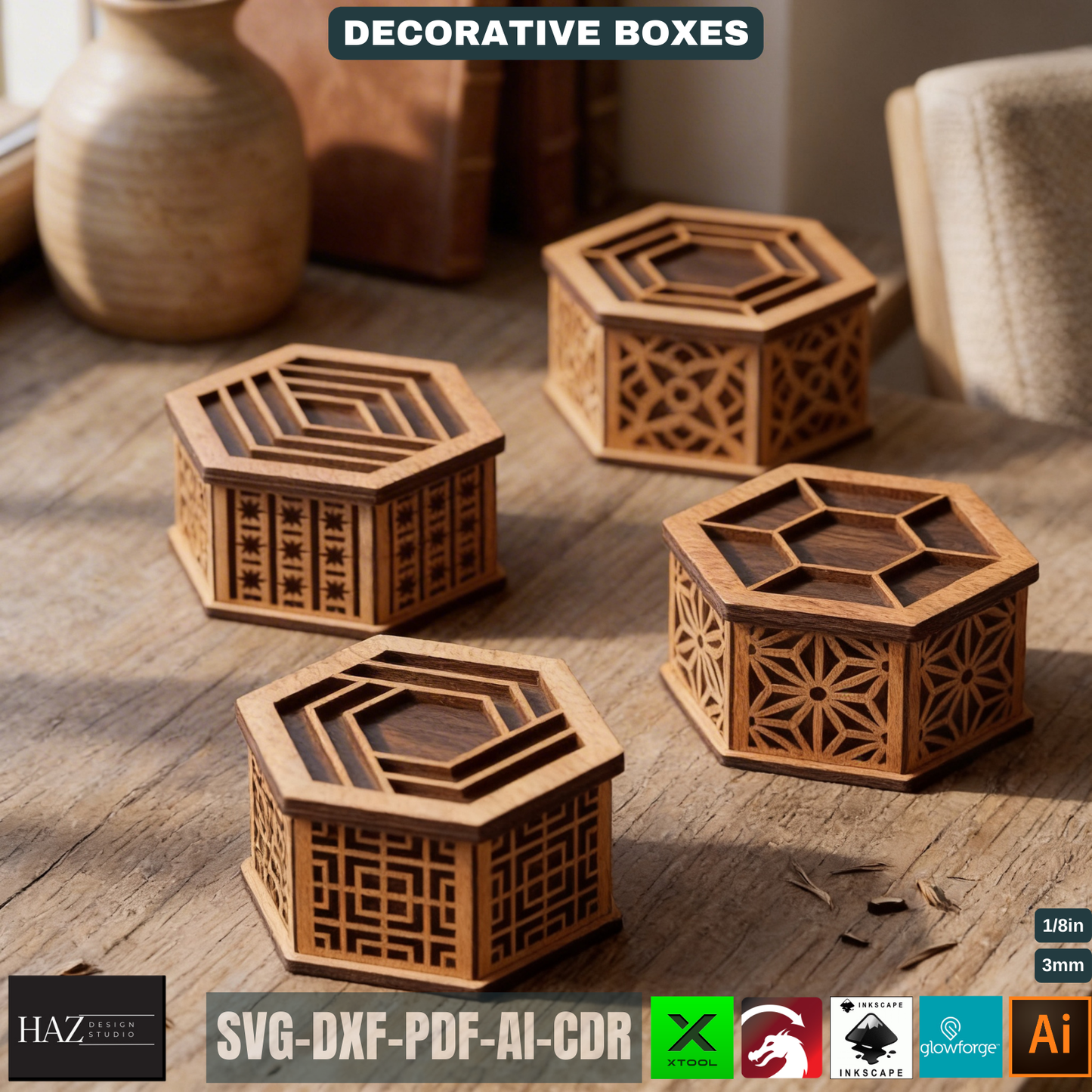 Decorative Hexagon Box Laser Cut Template Geometric Wood Storage Container Lidded Keepsake Pattern 521