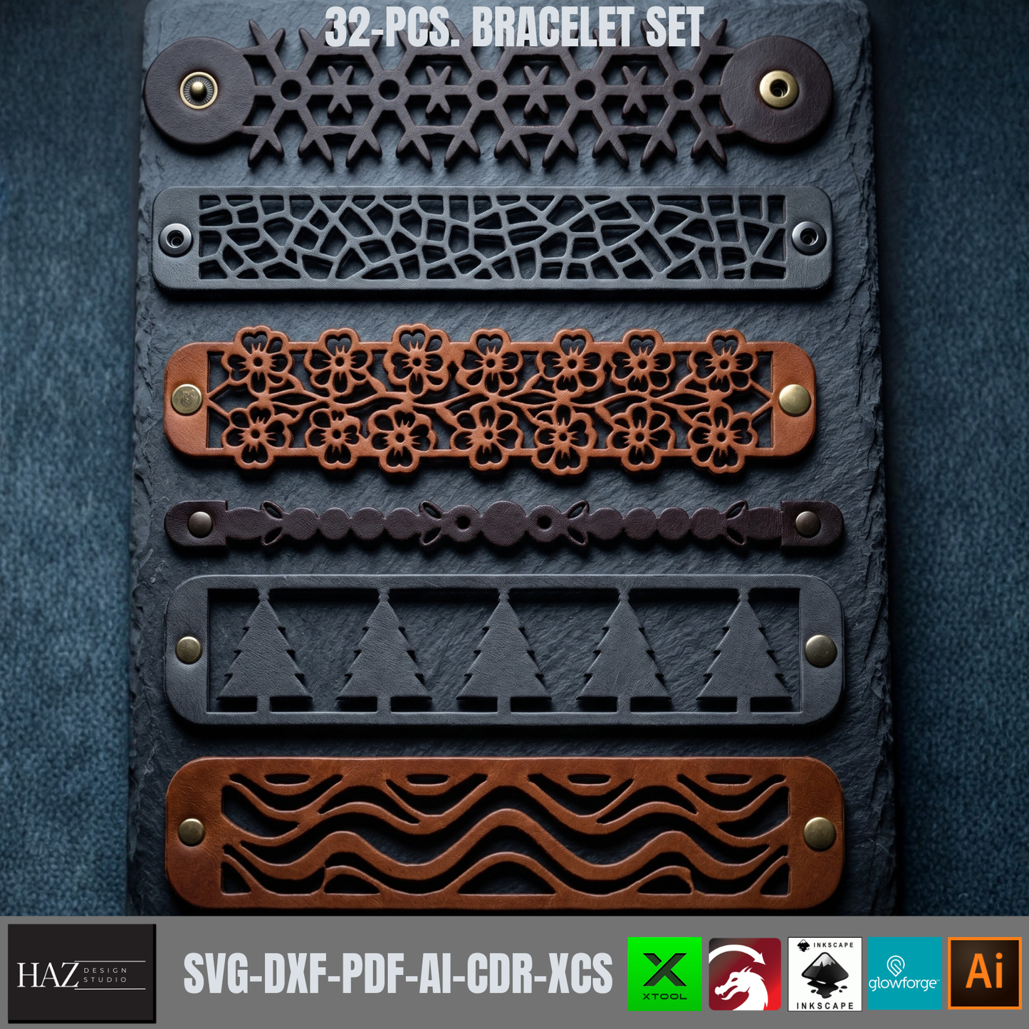 32 Pcs Leather Cuff Bracelet SVG Bundle, Laser Cut Templates , Geometric Pattern Wristband