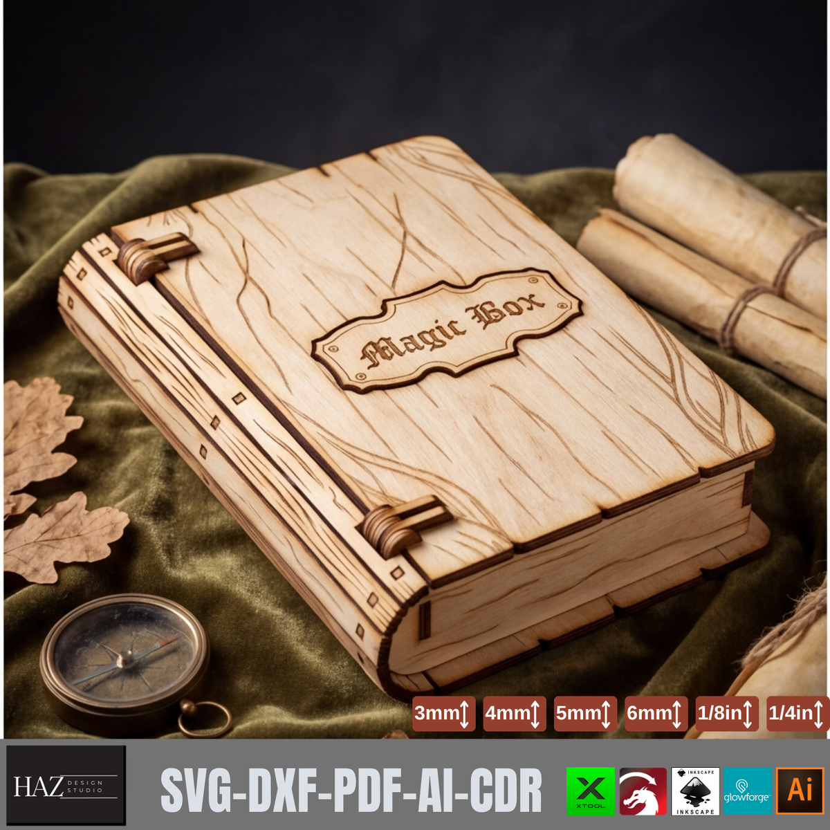 Magic Book Box Laser Cut File | Gothic Wooden Box SVG DXF Glowforge xTool