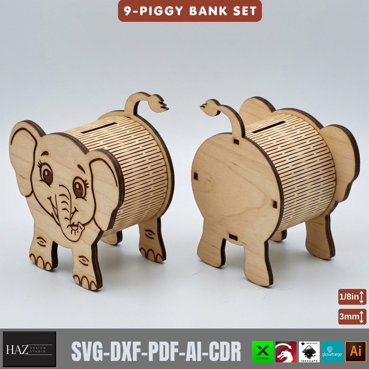 Wooden Animal Money Box Laser Cut Template, Cat Dog Pig Piggy Bank Set 574