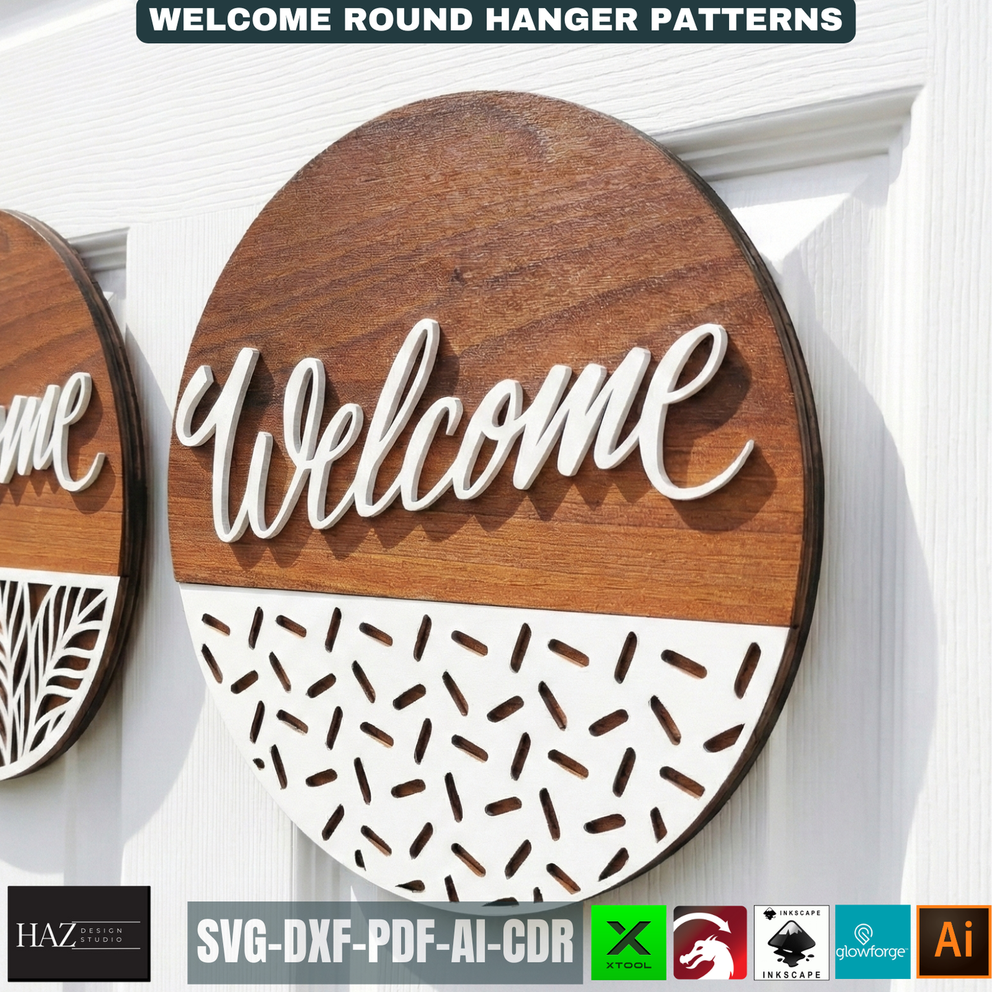 Round Welcome Sign Bundle Laser Cut Door Hanger Patterns, Front Door Decor Templates, Circle Wall Art Designs For Woodworking Projects 510