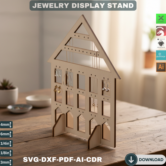 Laser Cut Jewelry Display Stand SVG, Earring Holder House Shape, Digital File for Glowforge Xtool, DIY Craft Project