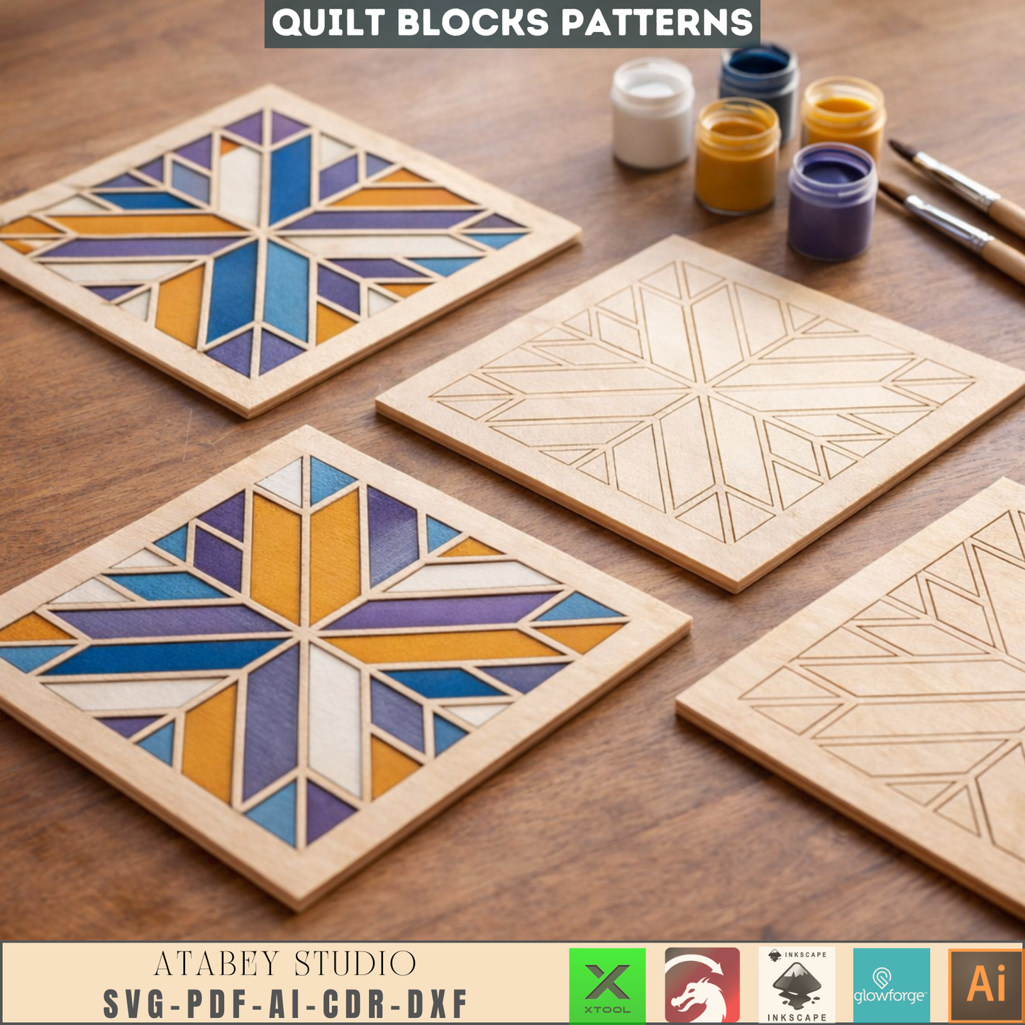 Geometric Quilt Block Wall Art Laser Cut Design Modern Farmhouse Wood Heart Butterfly Potted Flower 988