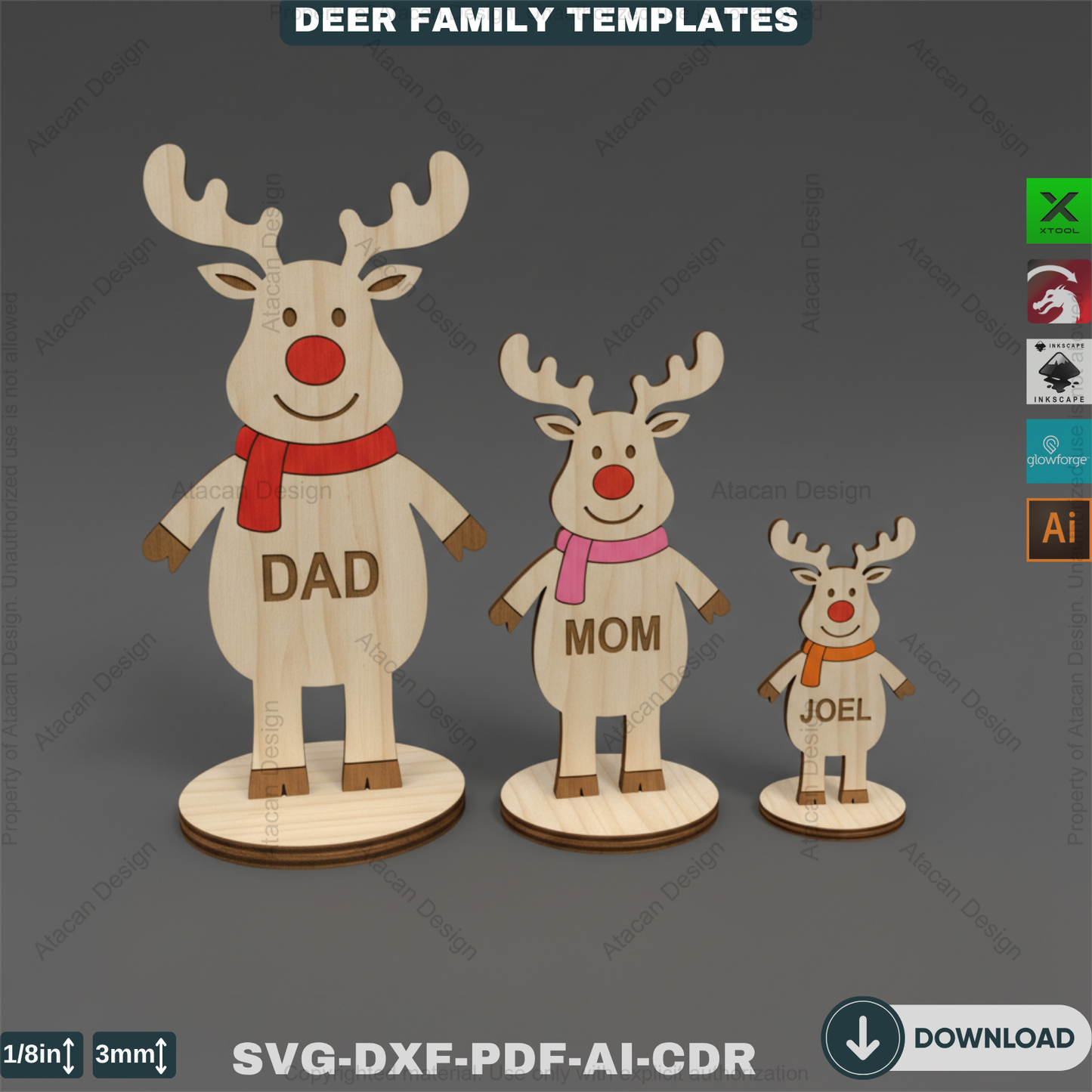 Personalized Reindeer Family Names Template | Freestanding Wooden Deer Family | Christmas Laser Cut Design 917