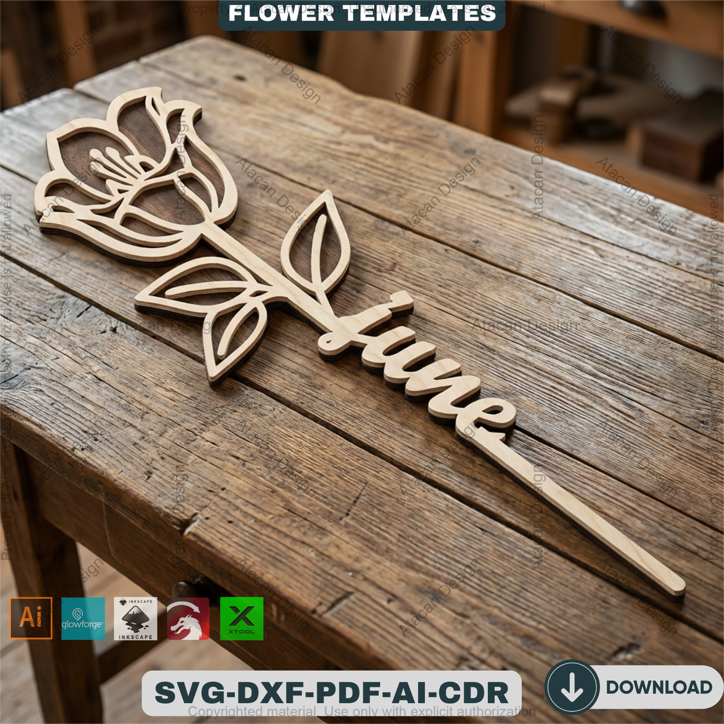Birth Month Flower Laser Cut Bundle Wooden Floral Stakes Bouquet Topper Designs Personalised Mother Day Gift Laser Ready Templates 932