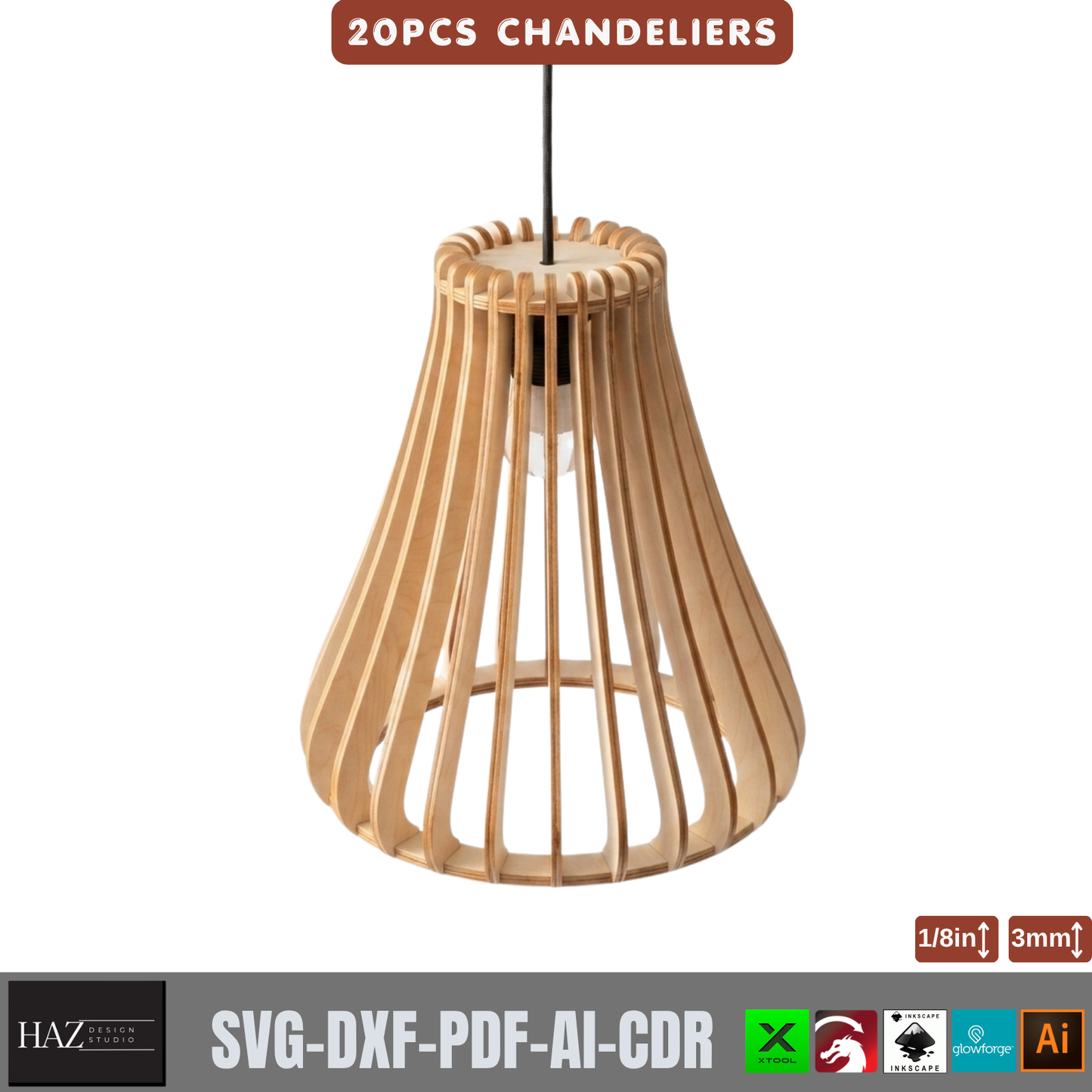 20 Piece Wooden Chandelier Pendant Lamp Laser Cut SVG Template Set Plywood 566