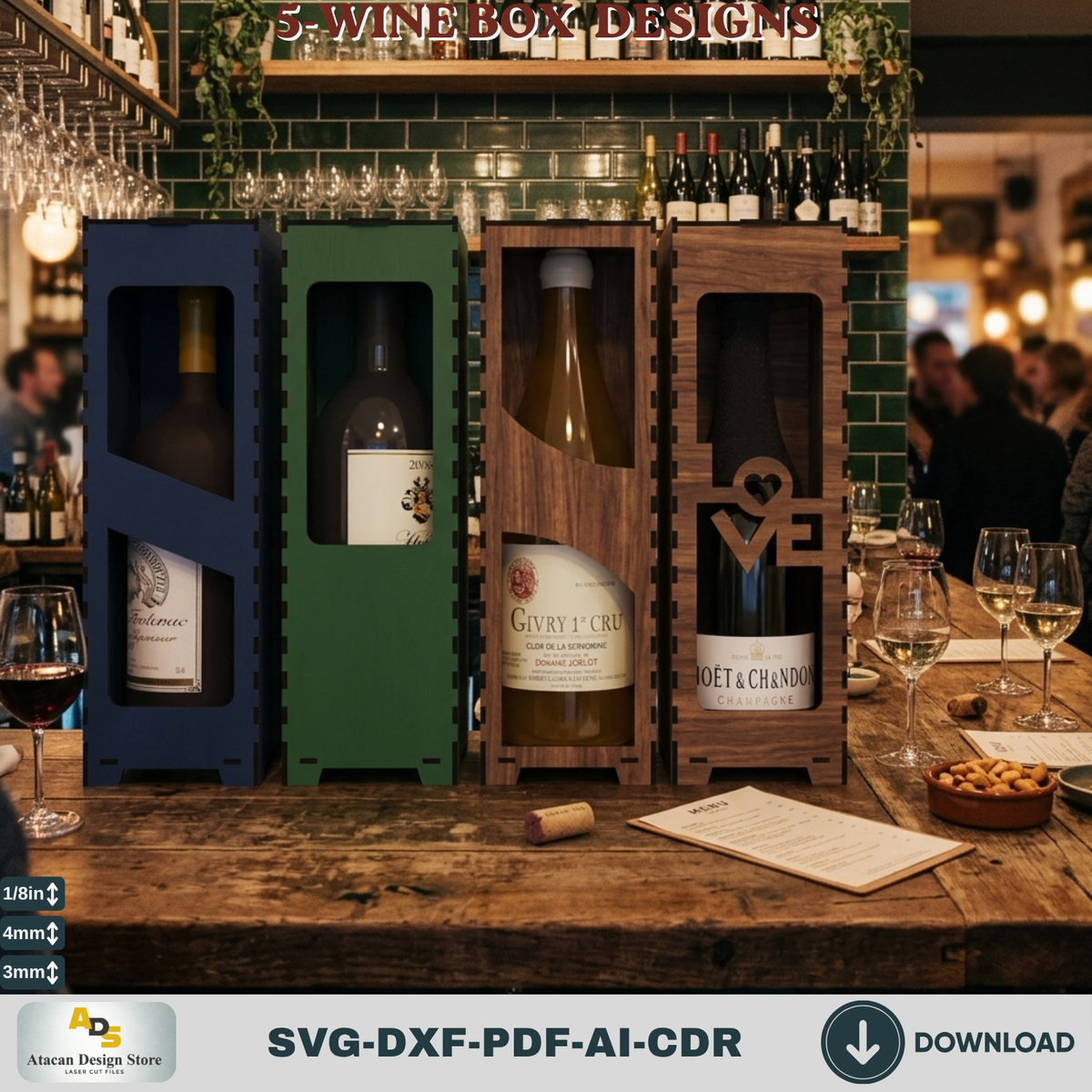 Laser Cut Wooden gift Box - Five Themed Wine Box Designs for Crafting Projects Elegant Wooden Wine Box 805