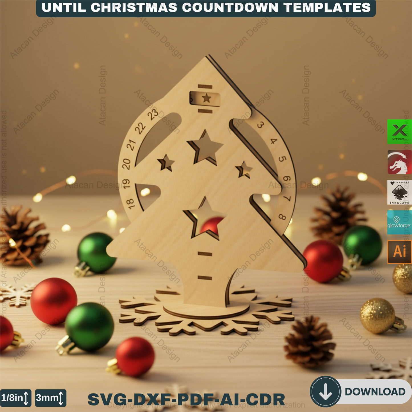 Christmas Tree Advent Calendar Laser Cut Template Bundle Wooden Countdown Stand Glowforge Xtool Files 915