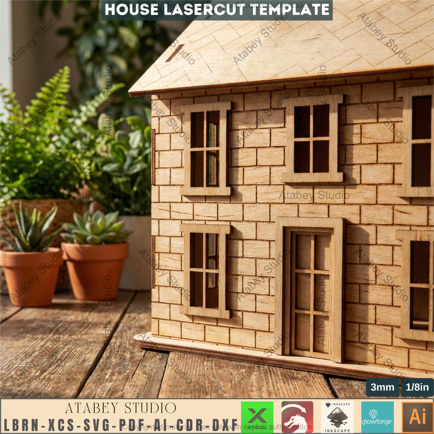 Wooden Dollhouse Laser Cut Plan, Plywood Toy Home Template, CNC Model, Kids Play House Design, Hinged Roof Storage Box 265