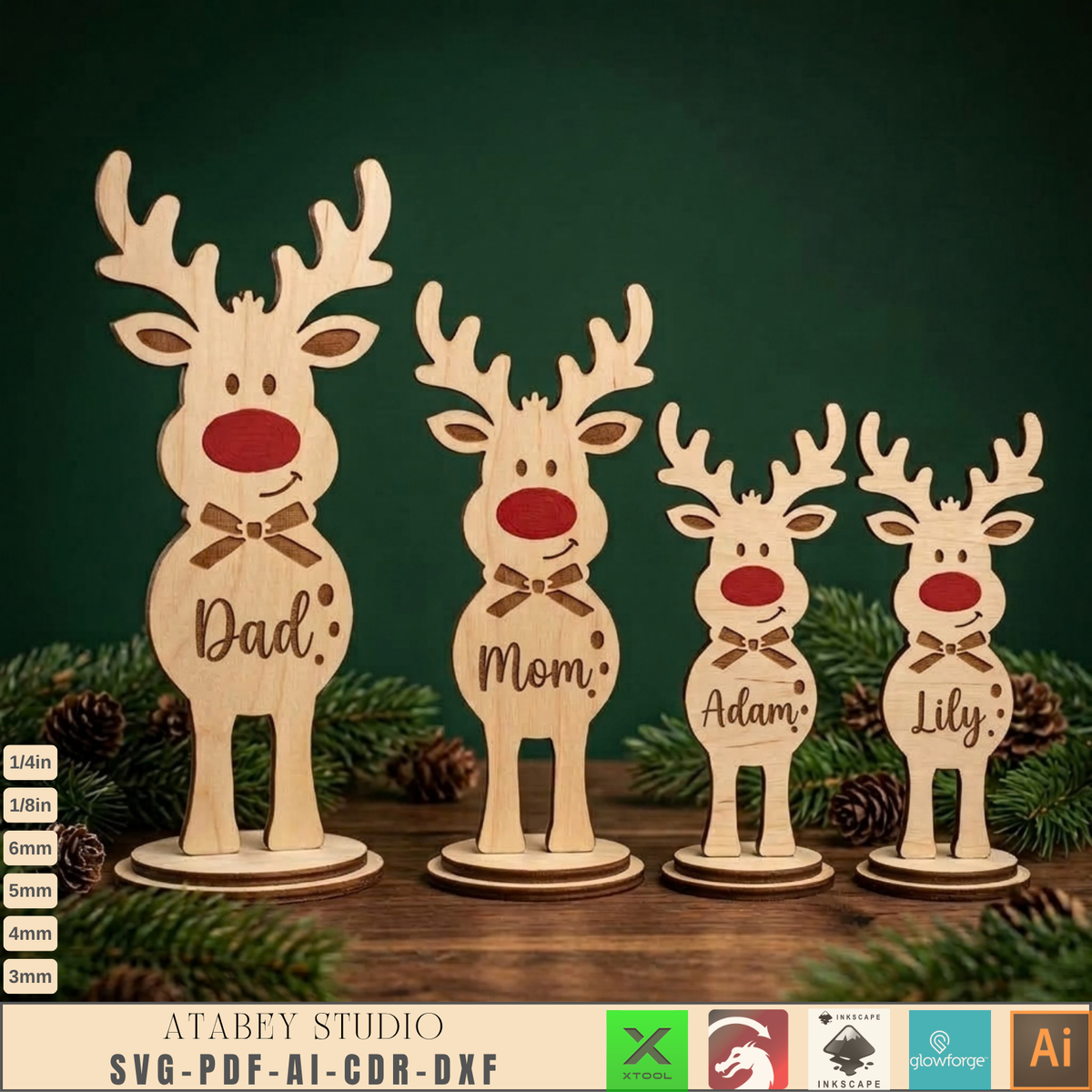 Wooden Reindeer Family Laser Cut Files - Holiday Name Decor for Christmas 1028