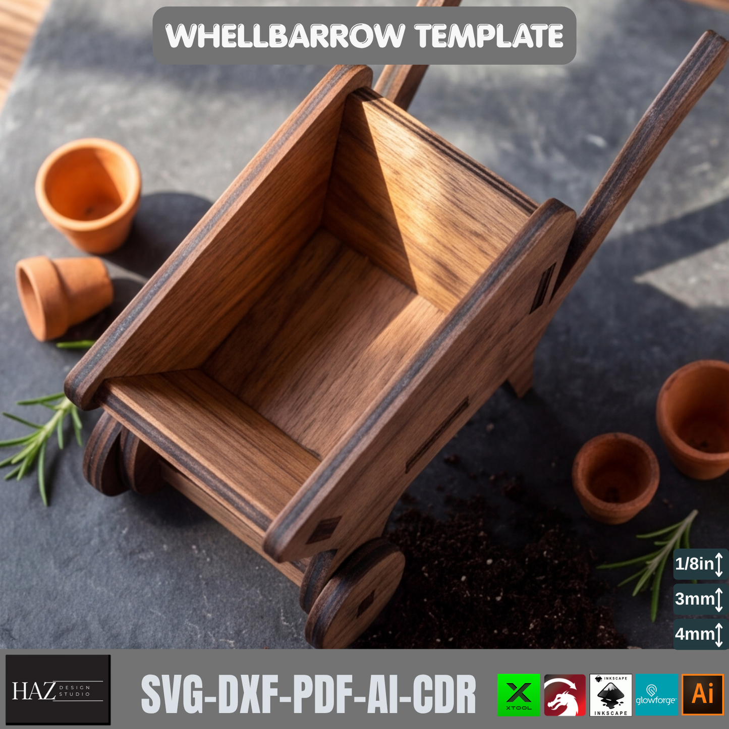 Wheelbarrow Planter Laser Cut File SVG DXF Garden Cart Miniature Wood Decor