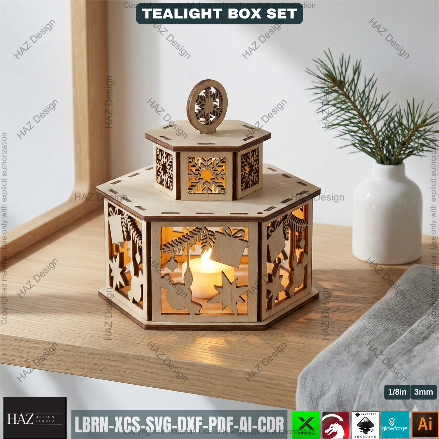 Festive Tealight Lanterns  – Christmas Candle Holder with Lid - Laser Cut Tabletop Decor - Tealight Box Lights 504