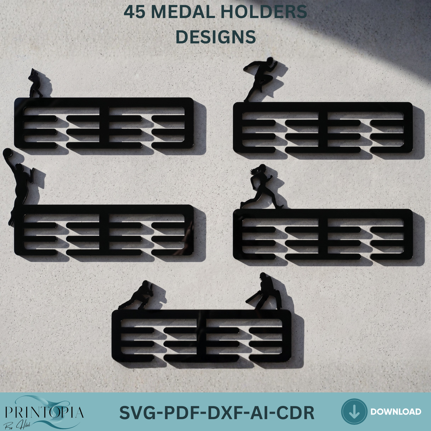 45 Medal Holder Designs SVG Bundle, Acrylic Sport Awards Hanger Templates, Trophy Medals Rack,