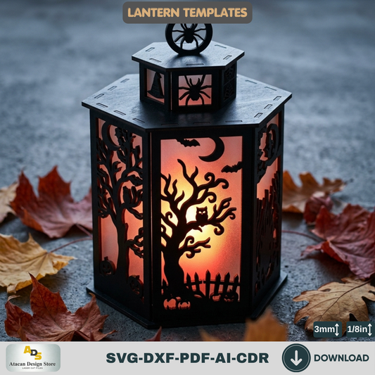 Halloween Lantern LaserCut Template Spooky Haunted House Tea Light Holder Wooden Witch Candle Box