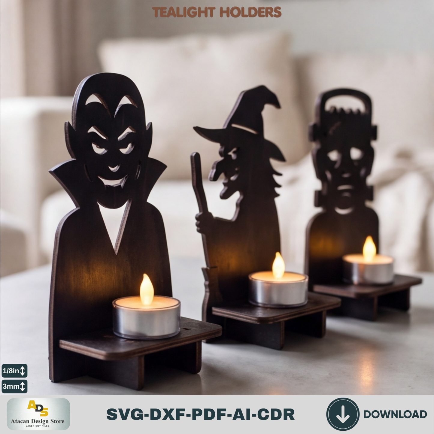 Halloween Monster Tealight Holder Laser Cut SVG Dracula Witch Frankenstein