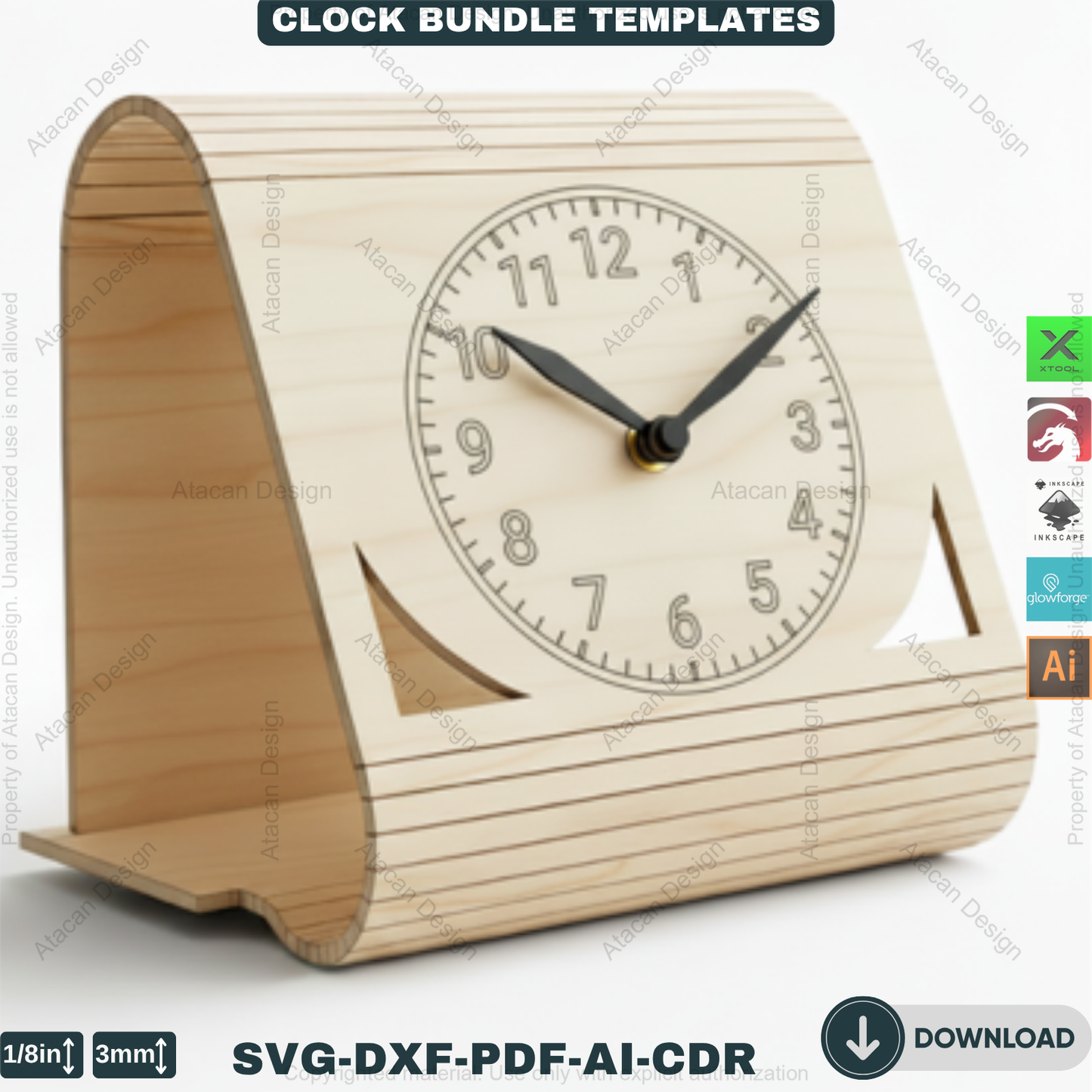 Laser Cut Clocks, Modern Desk Clock Templates, DIY Wooden Table Clock Plans, CNC File for Glowforge, Xtool & Lightburn 914