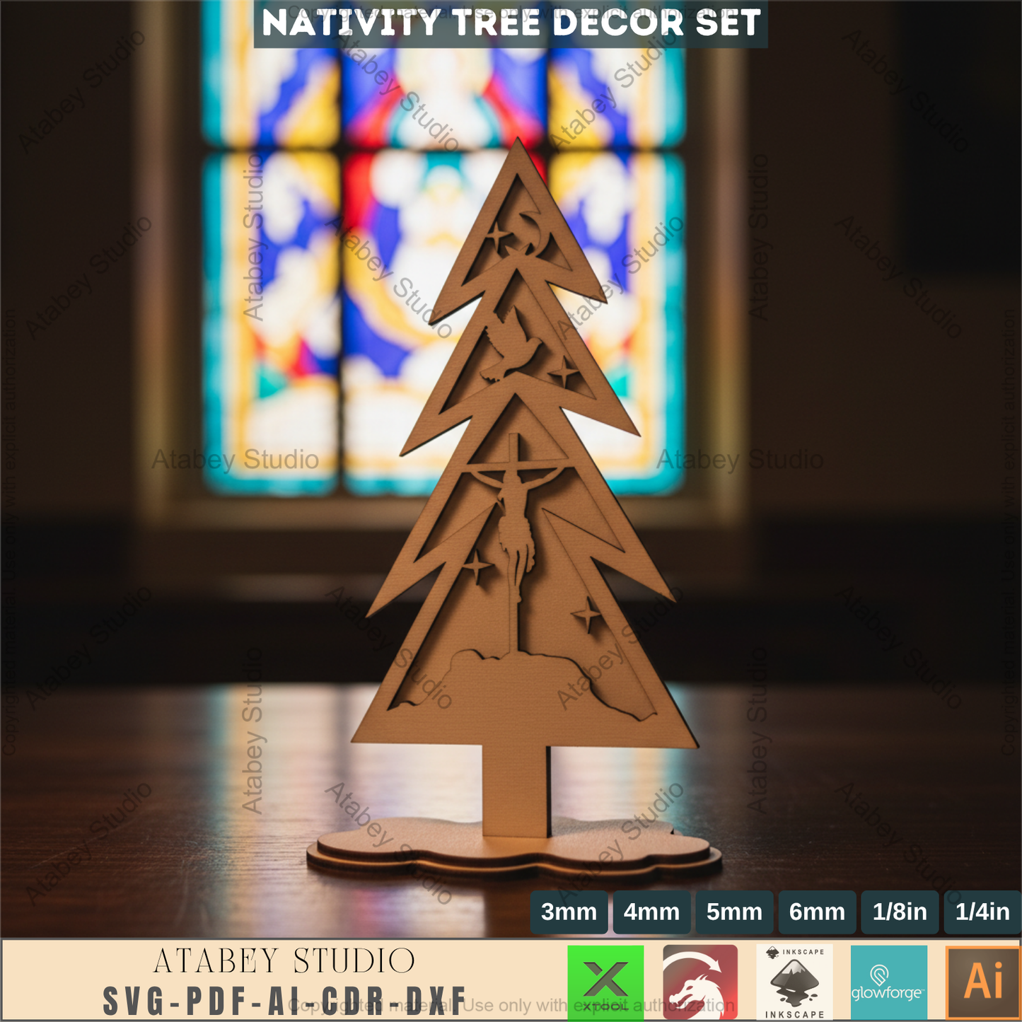 Laser Cut Nativity Tree Decor Set, 3D Standing Faith Christmas Ornaments, Wooden Tabletop Cross Tree SVG 966