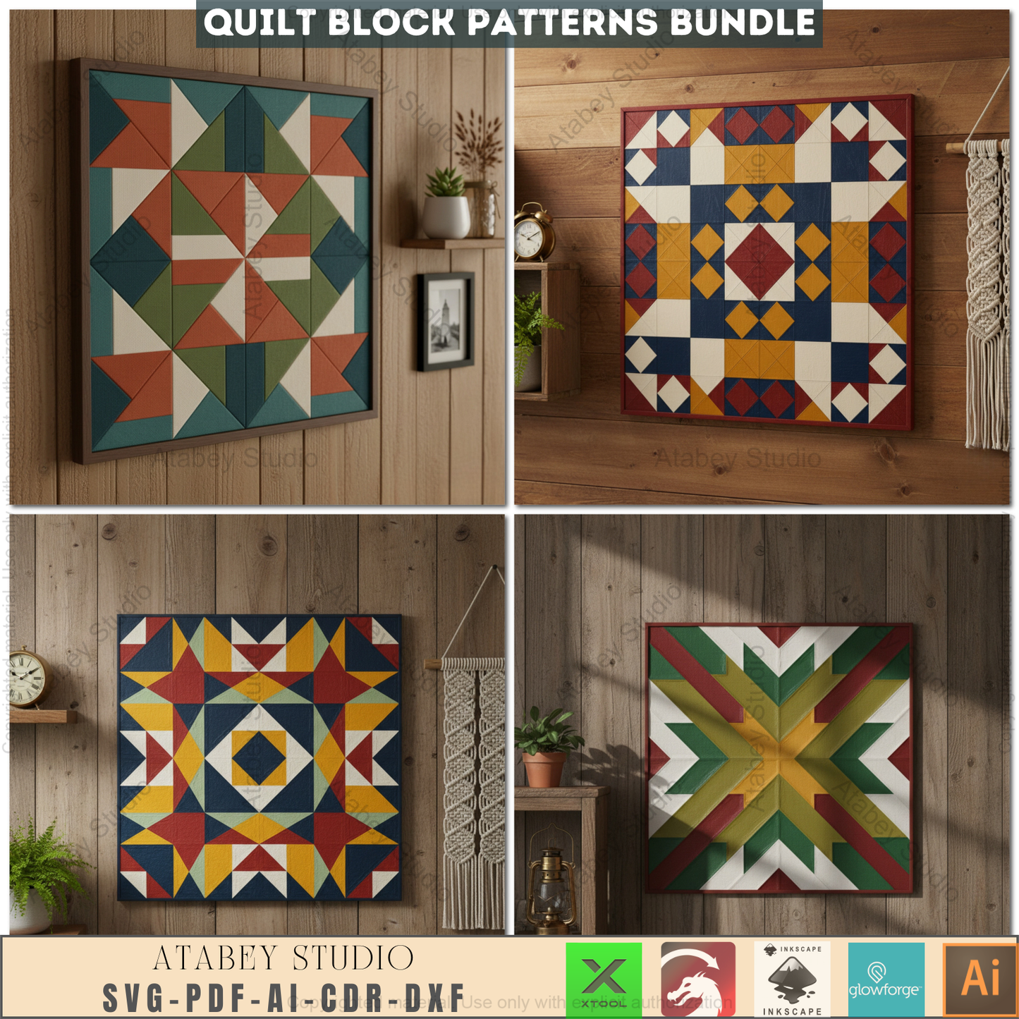 40 Unique Barn Quilt Block Patterns, DIY Quilt Square Designs, Farmhouse Decor SVG Files, Laser Cut Ready Templates 969