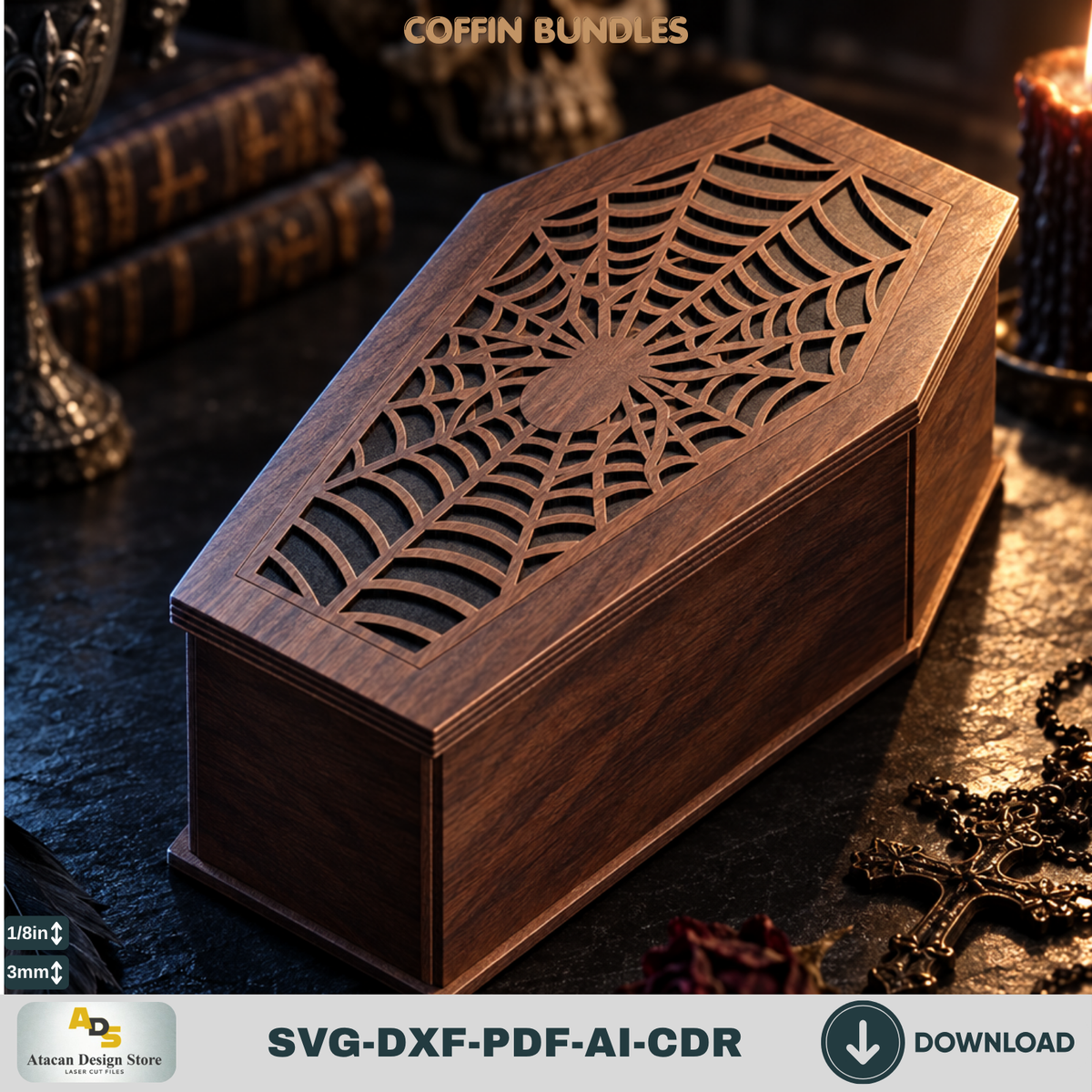 Gothic Coffin Box Laser Cut Bundle, Halloween Wooden Keepsake Casket Template, Spooky Trick or Treat 979